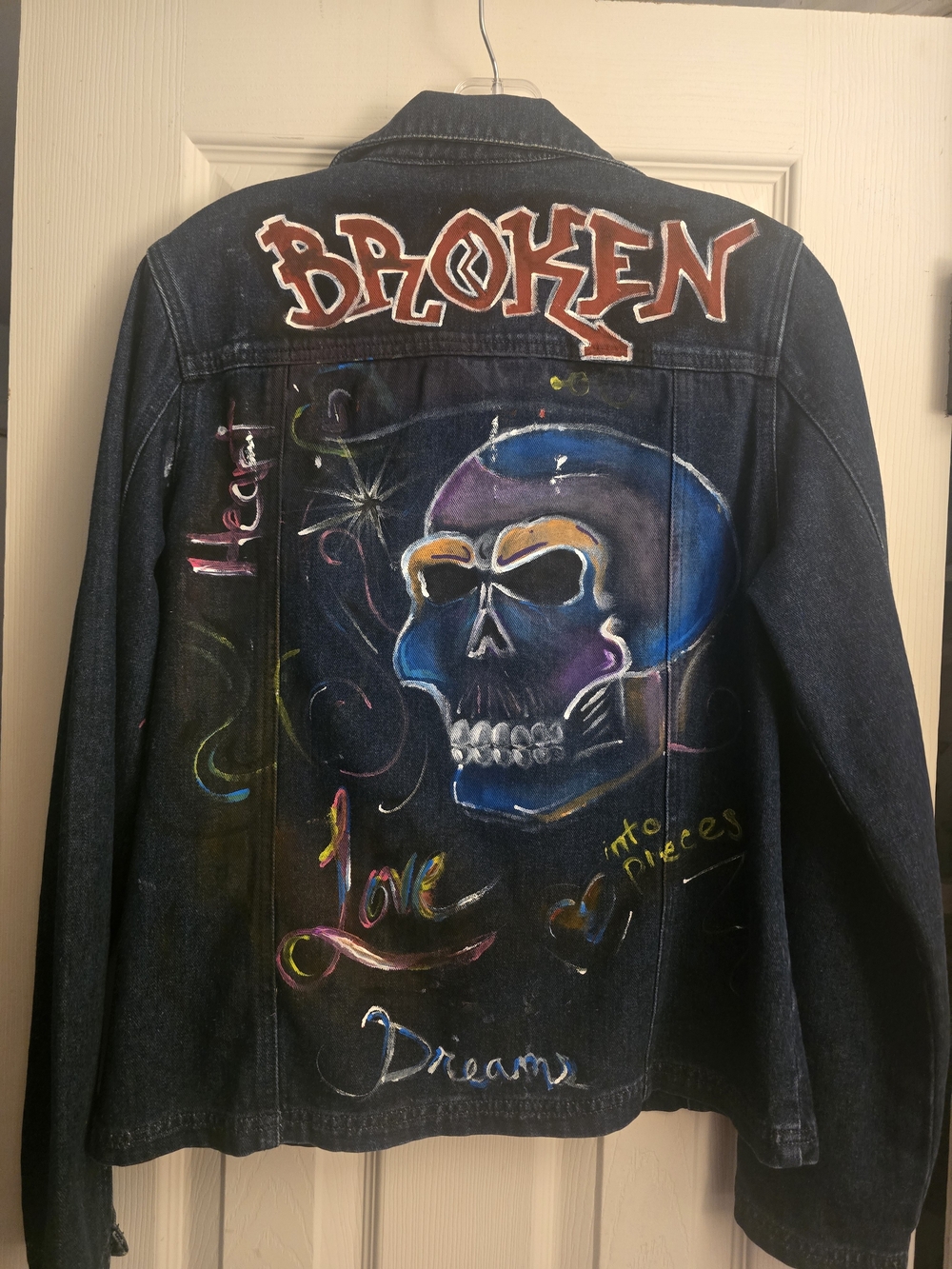 Vintage Chadwicks Hand-Painted Dark Blue Denim Jacket with Multicolor Skull Art